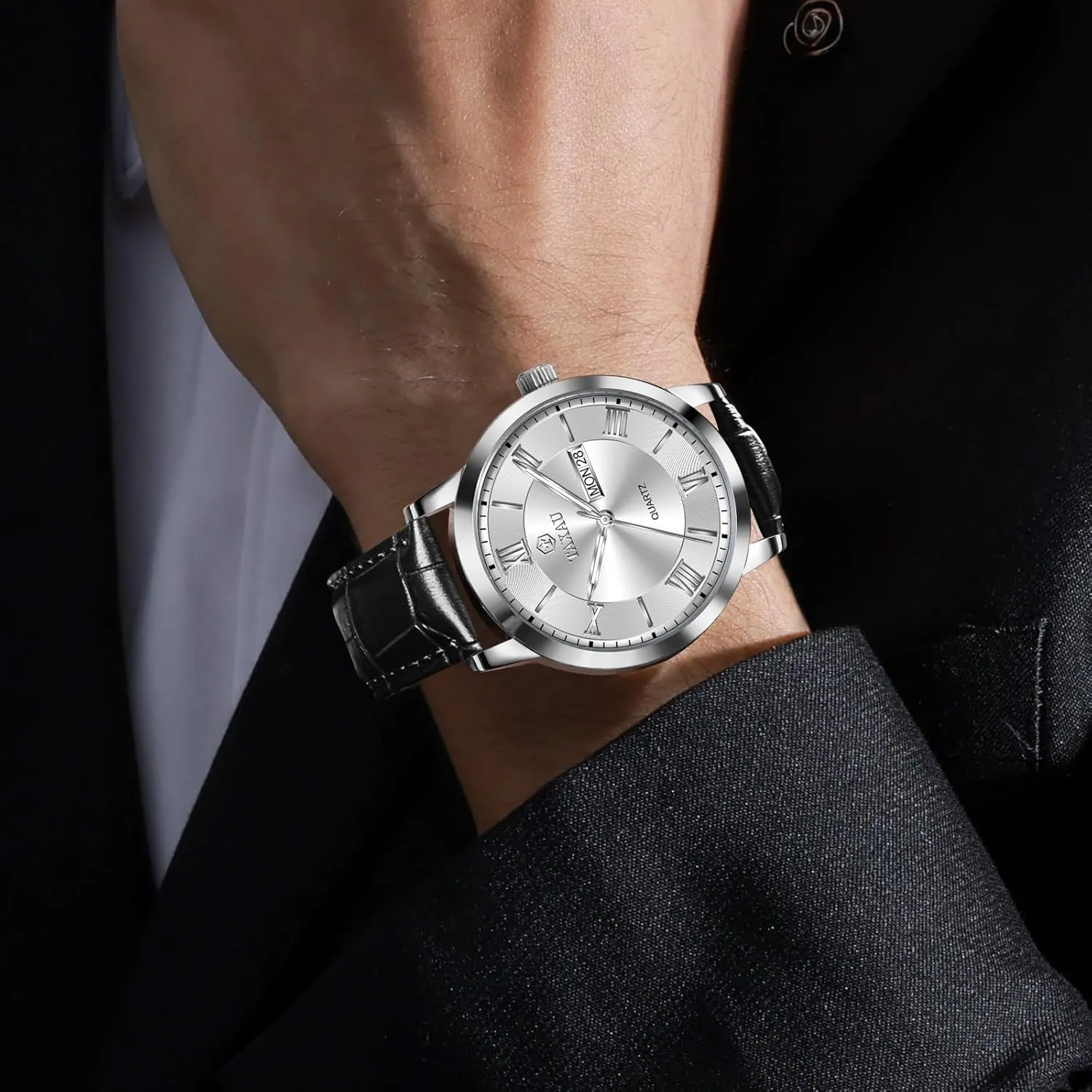 Men's Watches Leather Band Stainless Steel Quartz Analog Watch Easy Read Luxury Waterproof Watches for Men Dress Men's Wrist Watch with Day Date Arabic Numeral