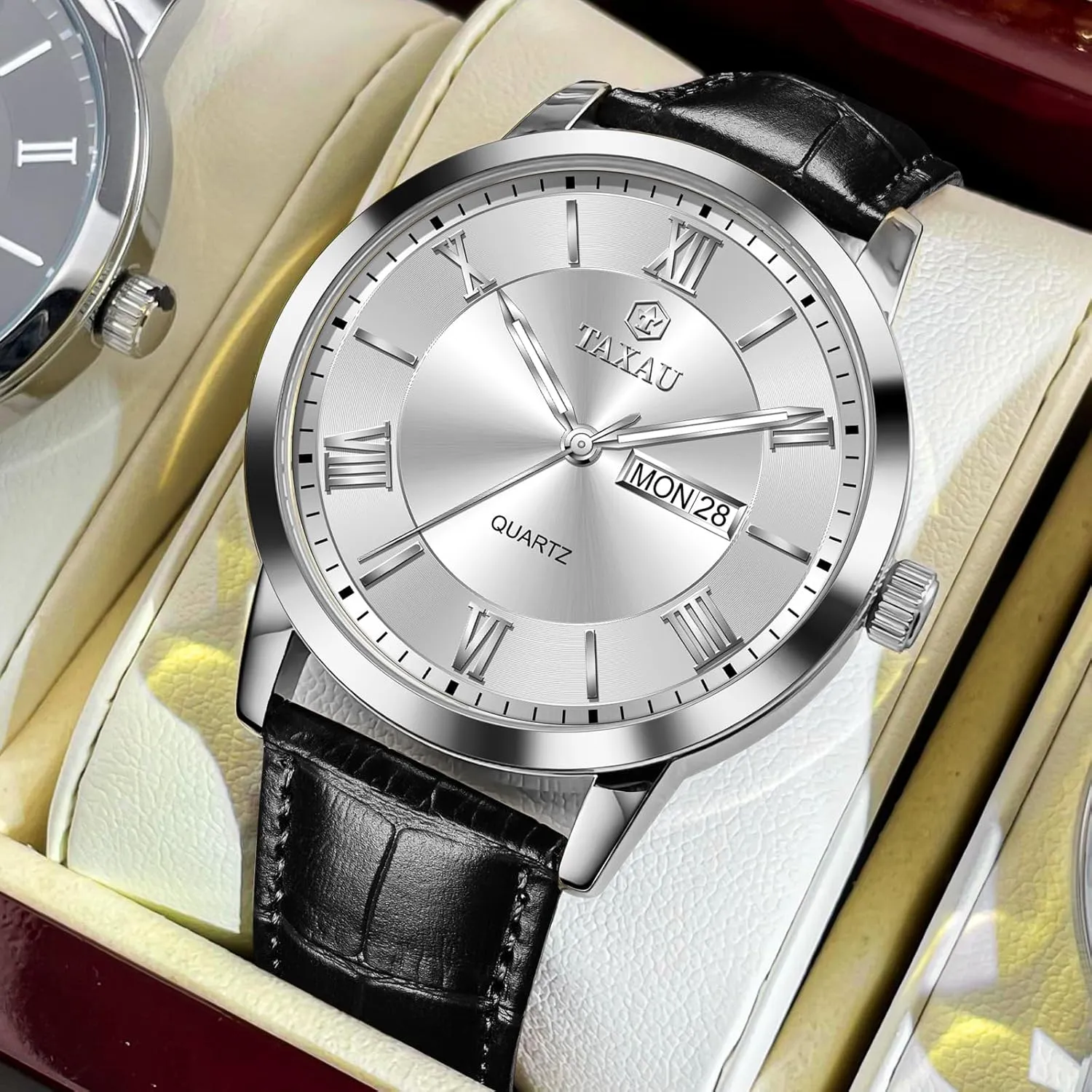 Men's Watches Leather Band Stainless Steel Quartz Analog Watch Easy Read Luxury Waterproof Watches for Men Dress Men's Wrist Watch with Day Date Arabic Numeral