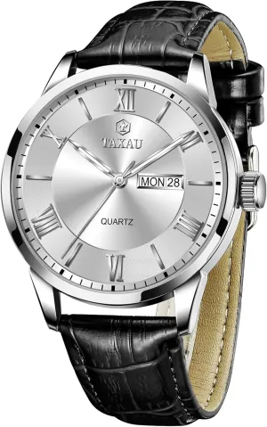 Men's Watches Leather Band Stainless Steel Quartz Analog Watch Easy Read Luxury Waterproof Watches for Men Dress Men's Wrist Watch with Day Date Arabic Numeral