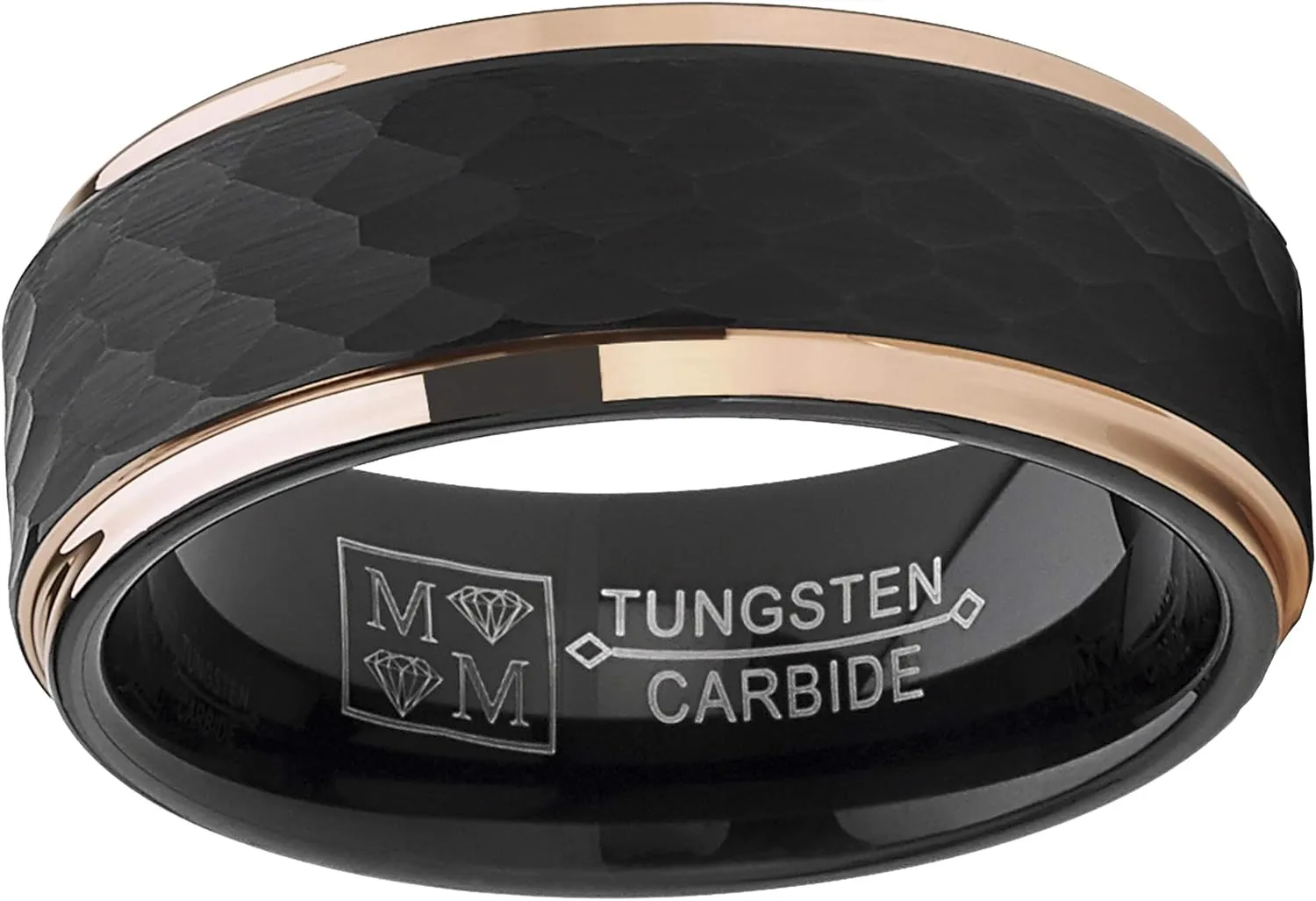 Metal Masters Co. Men's Tungsten Carbide Wedding Ring Black and Rose Goldtone Hammered Band