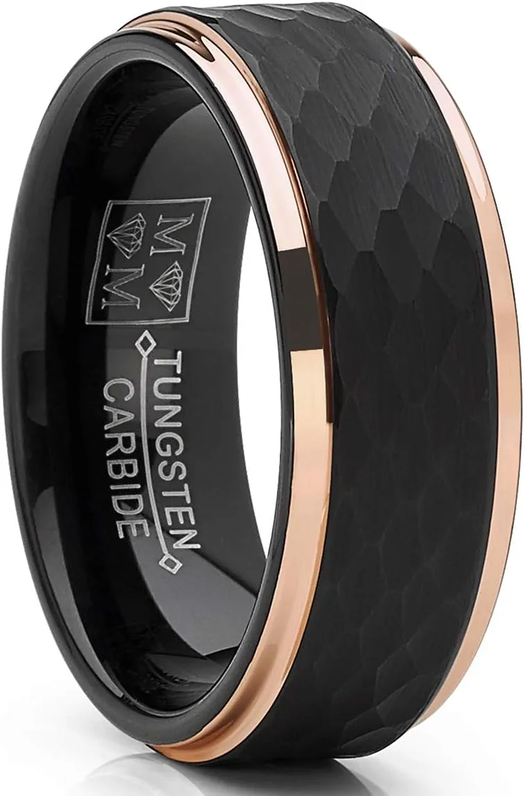 Metal Masters Co. Men's Tungsten Carbide Wedding Ring Black and Rose Goldtone Hammered Band