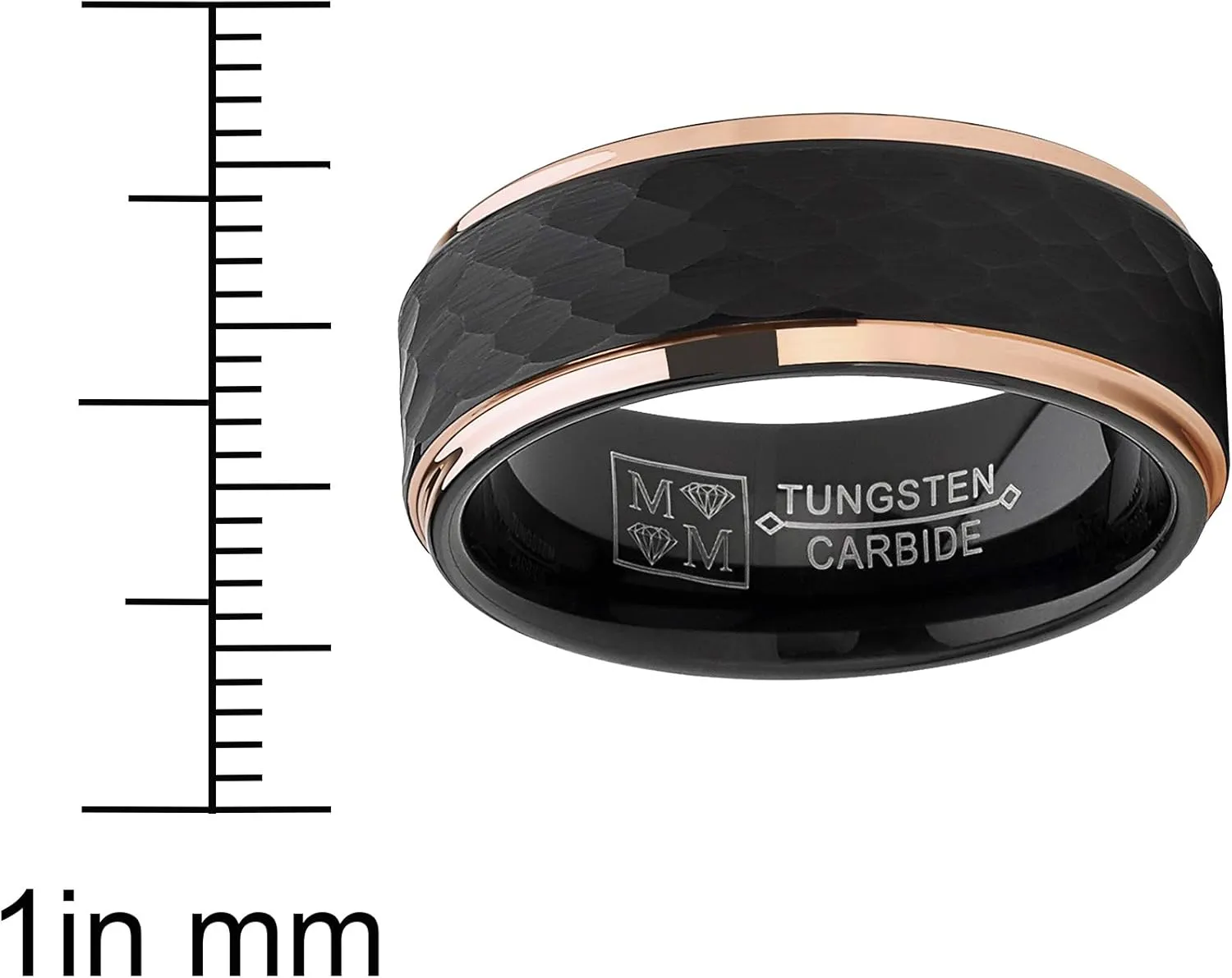 Metal Masters Co. Men's Tungsten Carbide Wedding Ring Black and Rose Goldtone Hammered Band