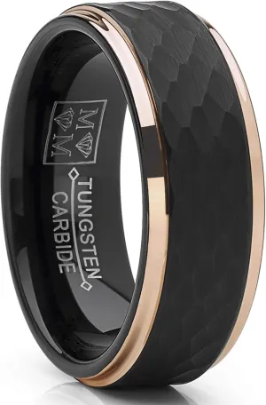 Metal Masters Co. Men's Tungsten Carbide Wedding Ring Black and Rose Goldtone Hammered Band