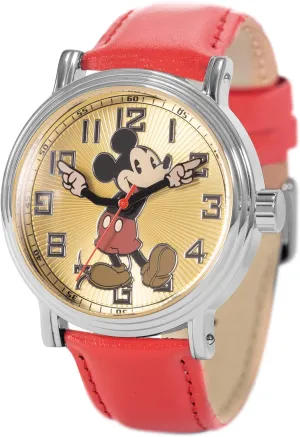 Mickey Mouse Moving Hands Watch for Men  Vintage-Inspired Mens Mickey Mouse Watch  Collectible Watches for Men  Classic Watches with Golden Dial & Orange Leather Strap