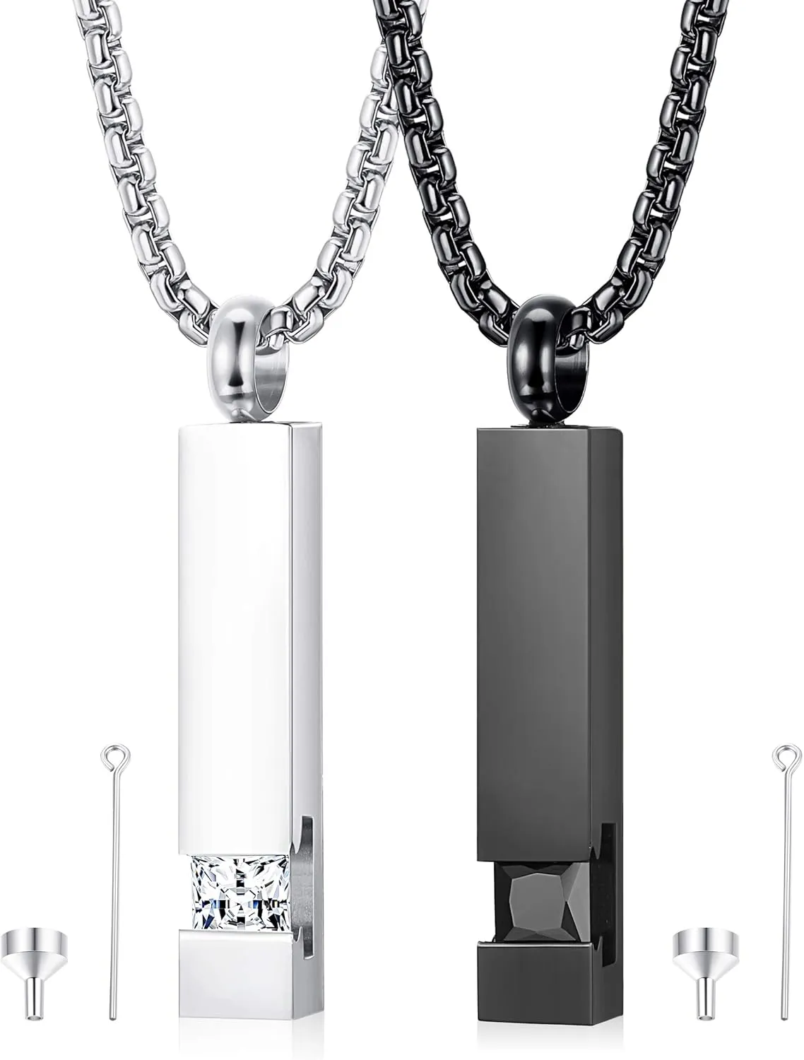 MILACOLATO 2 Pcs Cremation Urn Necklaces for Ashes with Cubic Zirconia Stainless Steel Keepsake Cremation Jewelry Necklaces for Human Pet Ashes Memorial Ash Necklace for Men Women