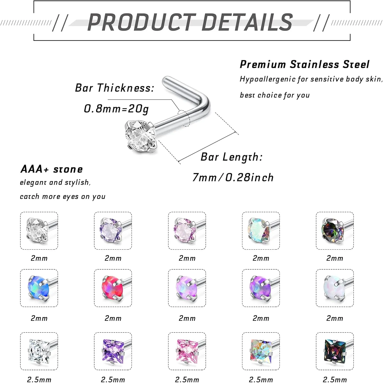MILACOLATO Hypoallergenic Nose Rings 15Pcs 18G 20G Surgical Stainless Steel Nose Rings Studs L Shaped Screw Studs Rings Cubic Zirconia Nose Ring Labret Lip Nose Piercing Jewelry for Women Men