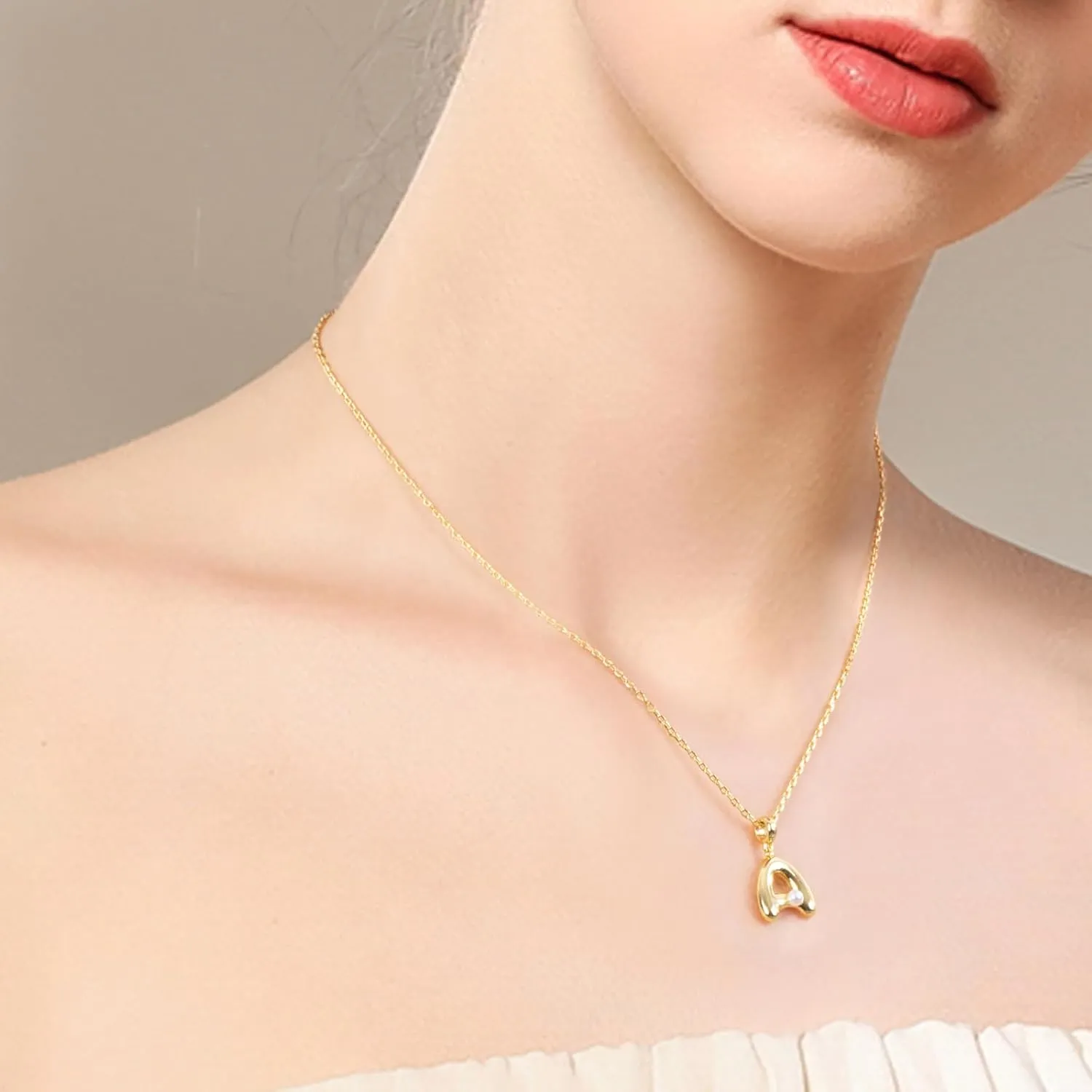 Milan Chiva Bubble Initial Letter Pendant Necklaces for Women 14K Gold Plated Puffy Tiny Letter A-Z Dainty Necklace with Cute Simulated Pearl
