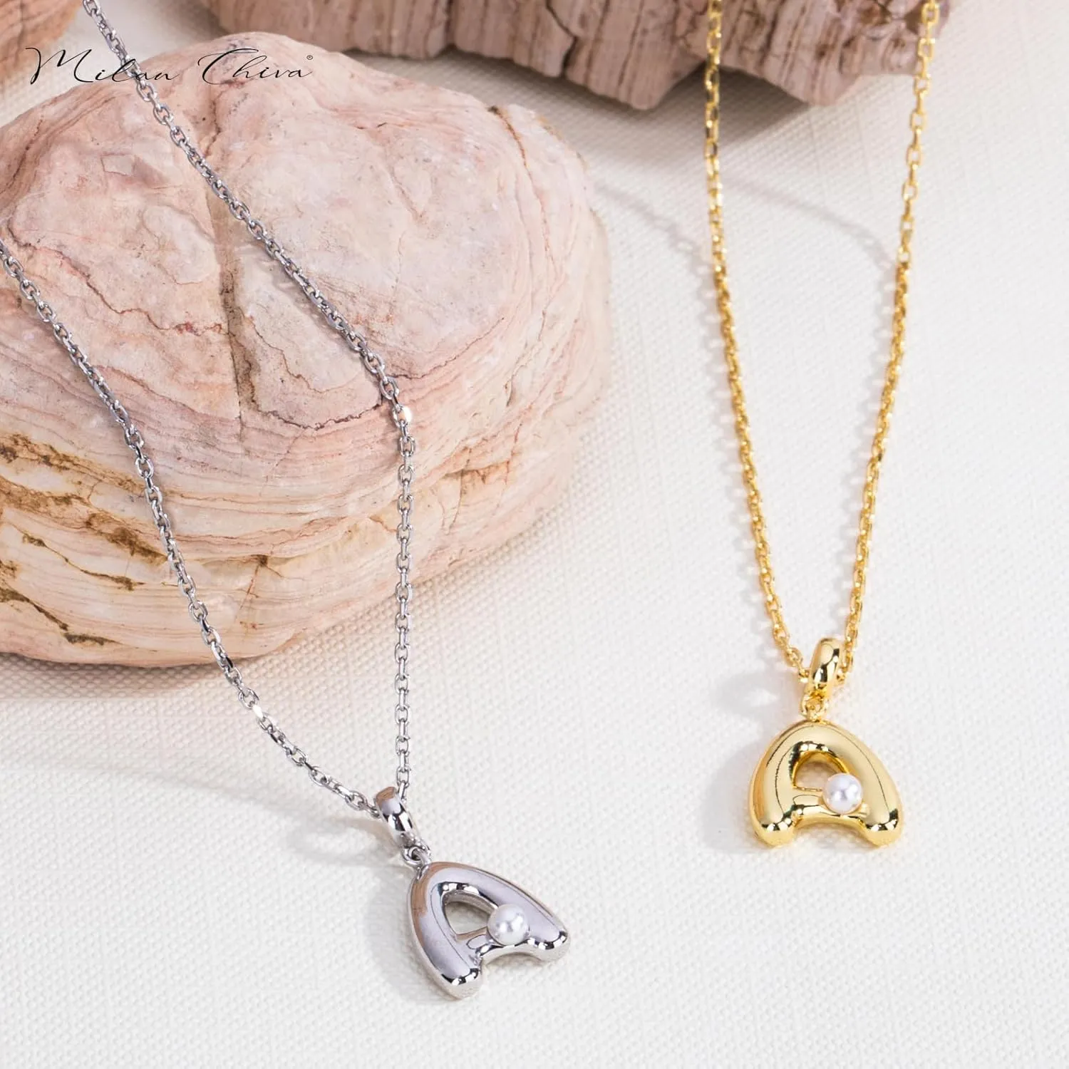 Milan Chiva Bubble Initial Letter Pendant Necklaces for Women 14K Gold Plated Puffy Tiny Letter A-Z Dainty Necklace with Cute Simulated Pearl