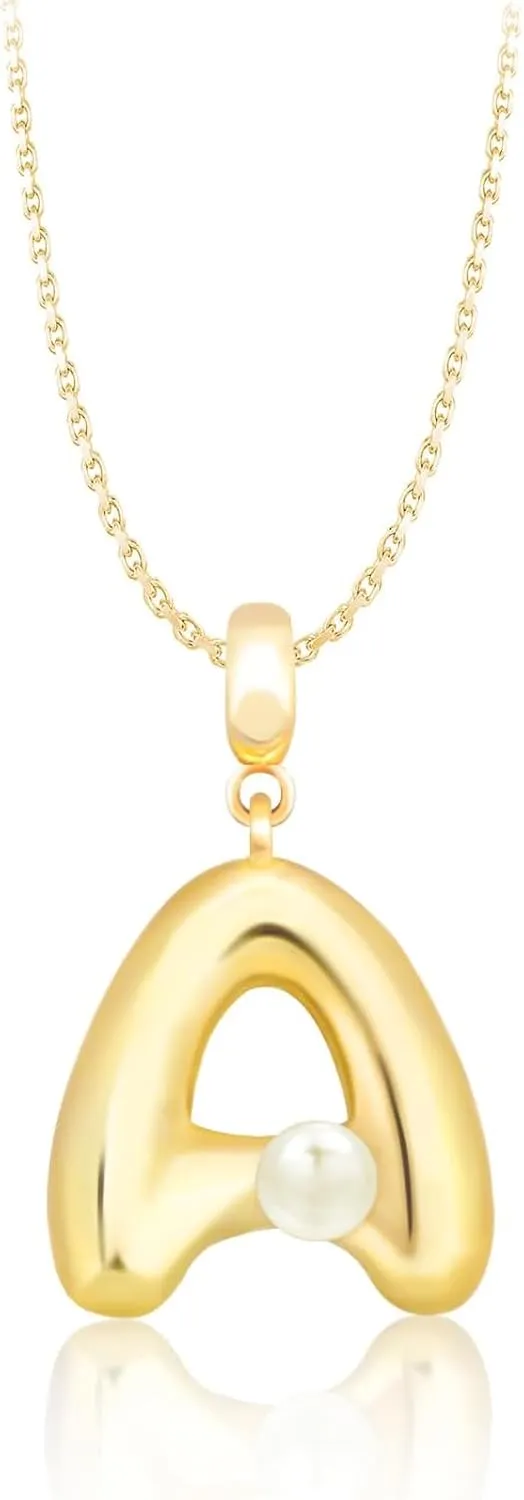 Milan Chiva Bubble Initial Letter Pendant Necklaces for Women 14K Gold Plated Puffy Tiny Letter A-Z Dainty Necklace with Cute Simulated Pearl