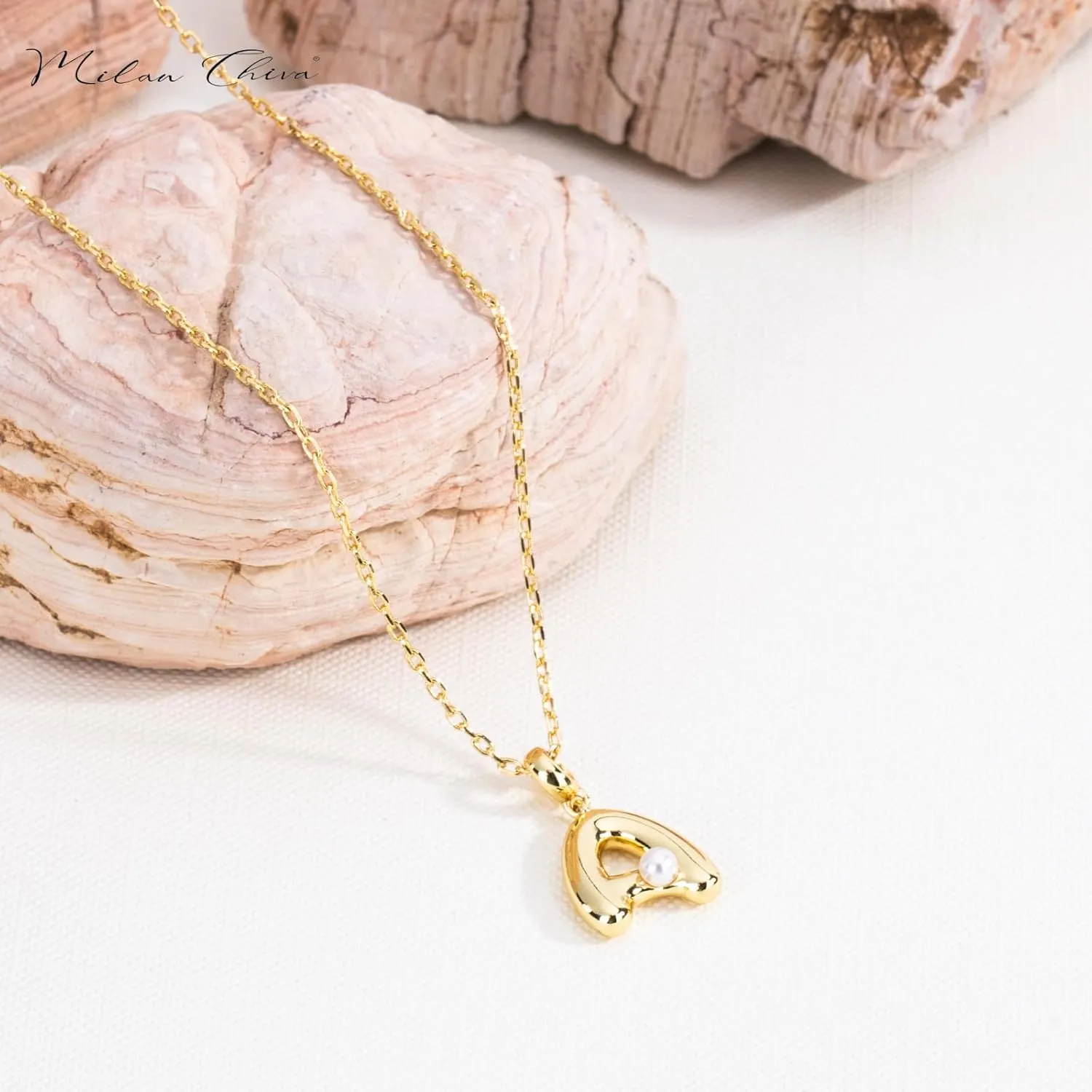 Milan Chiva Bubble Initial Letter Pendant Necklaces for Women 14K Gold Plated Puffy Tiny Letter A-Z Dainty Necklace with Cute Simulated Pearl