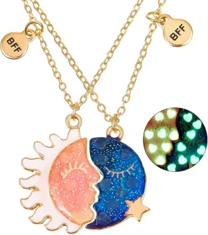 MJartoria Best Friend Necklaces BFF Necklace for 2 Friendship Valentines Day Gifts Split Sun and Moon Glow Necklace Pendant Set
