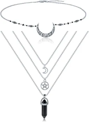 MJartoria Moon Pentagram Necklace with Headwear Pentacle Crystal Chakra Pendant Layered Necklaces for Women Choker Necklace Gothic Jewelry Goth Accessories