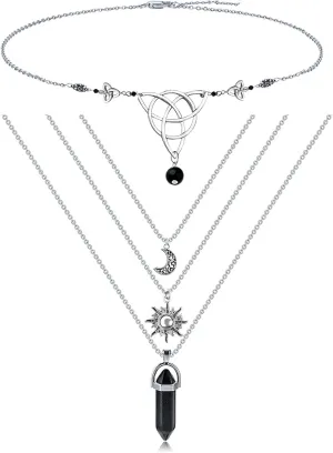 MJartoria Sun and Moon Necklace with Headwear Pentacle Crystal Chakra Pendant Layered Necklaces for Women Choker Necklace Gothic Jewelry Goth Accessories