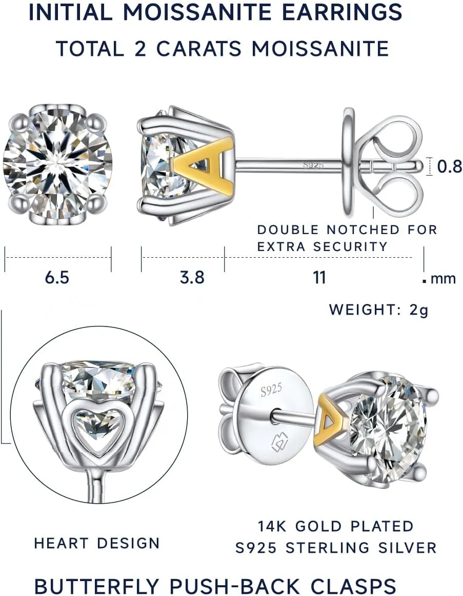 MomentWish Moissanite Stud Earrings, Christmas Gift for Her, 2 Carat Lab Created Diamond Earrings for Women, 925 Sterling Silver Initial Earrings Men Earrings Alphabet Letter Earrings