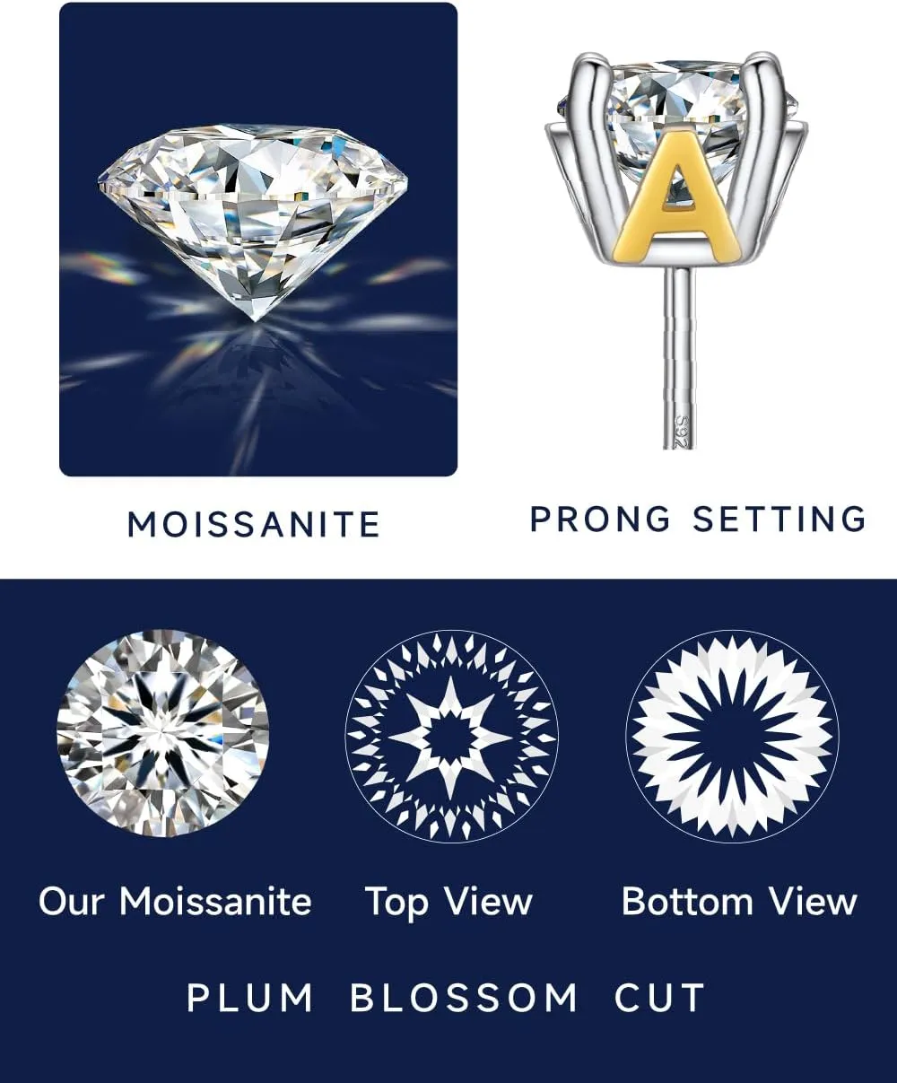 MomentWish Moissanite Stud Earrings, Christmas Gift for Her, 2 Carat Lab Created Diamond Earrings for Women, 925 Sterling Silver Initial Earrings Men Earrings Alphabet Letter Earrings