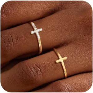 Moodear Trendy Thin Cross Rings Set - Stackable 14K Gold Plated 2Pcs CZ Thumb Non Tarnish Ring Size 8 Dainty Jewelry