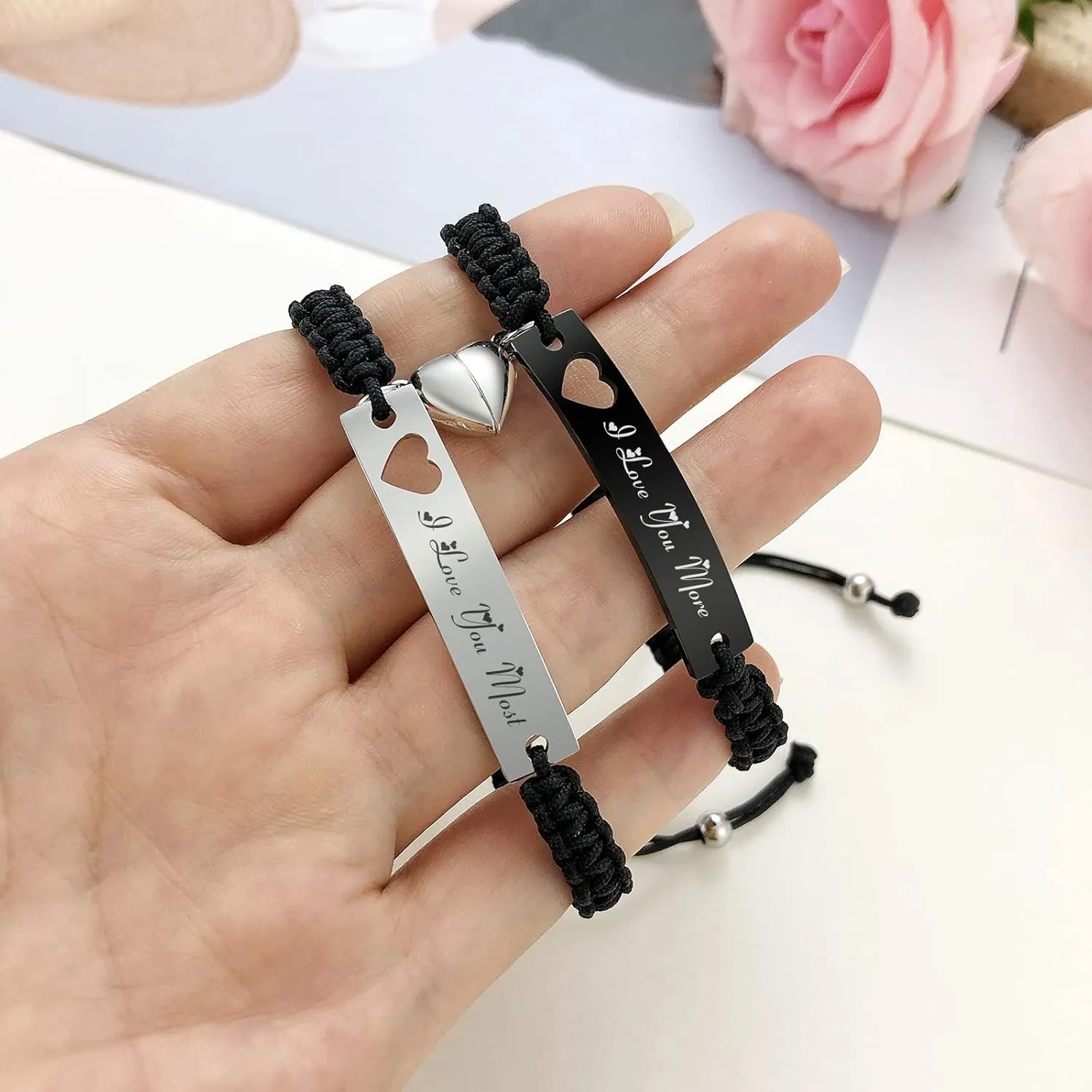 MPRAINBOW Personalized Braided Couples BraceletCustom Name Promise Words Engraved Bracelets Attraction Relationship Bracelets for Him and Her