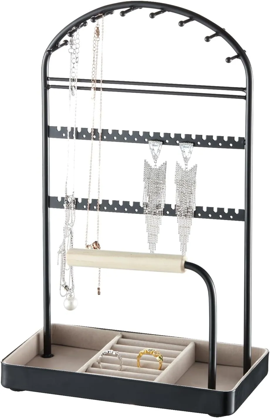 Multi-Functional Jewelry Holder Organizer Necklace Display Stand Velvet Lined Bar for Rings 2 Tier with 18 Hooks, 32 Earring Holes - Sturdy and Durable, Easy Organization Black