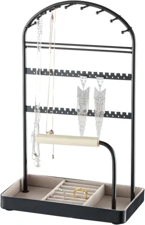 Multi-Functional Jewelry Holder Organizer Necklace Display Stand Velvet Lined Bar for Rings 2 Tier with 18 Hooks, 32 Earring Holes - Sturdy and Durable, Easy Organization Black
