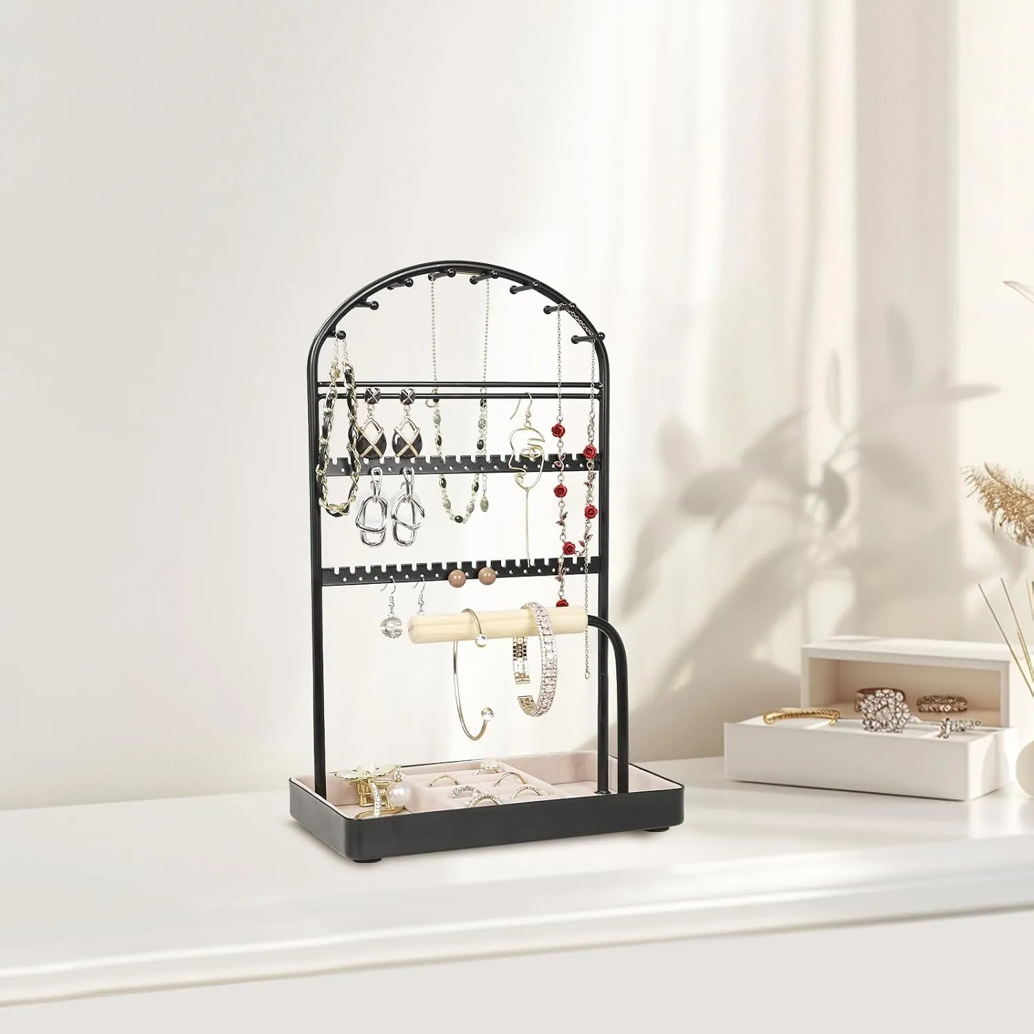 Multi-Functional Jewelry Holder Organizer Necklace Display Stand Velvet Lined Bar for Rings 2 Tier with 18 Hooks, 32 Earring Holes - Sturdy and Durable, Easy Organization Black