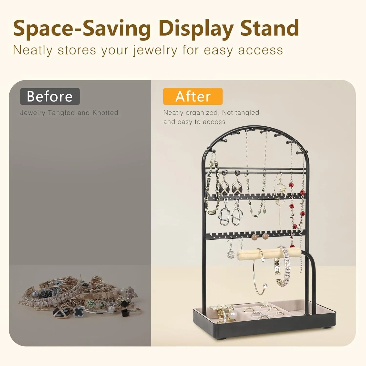 Multi-Functional Jewelry Holder Organizer Necklace Display Stand Velvet Lined Bar for Rings 2 Tier with 18 Hooks, 32 Earring Holes - Sturdy and Durable, Easy Organization Black