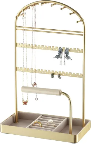 Multi-Functional Jewelry Holder Organizer Necklace Display Stand Velvet Lined Bar for Rings 2 Tier with 18 Hooks, 32 Earring Holes - Sturdy and Durable, Easy Organization Gold