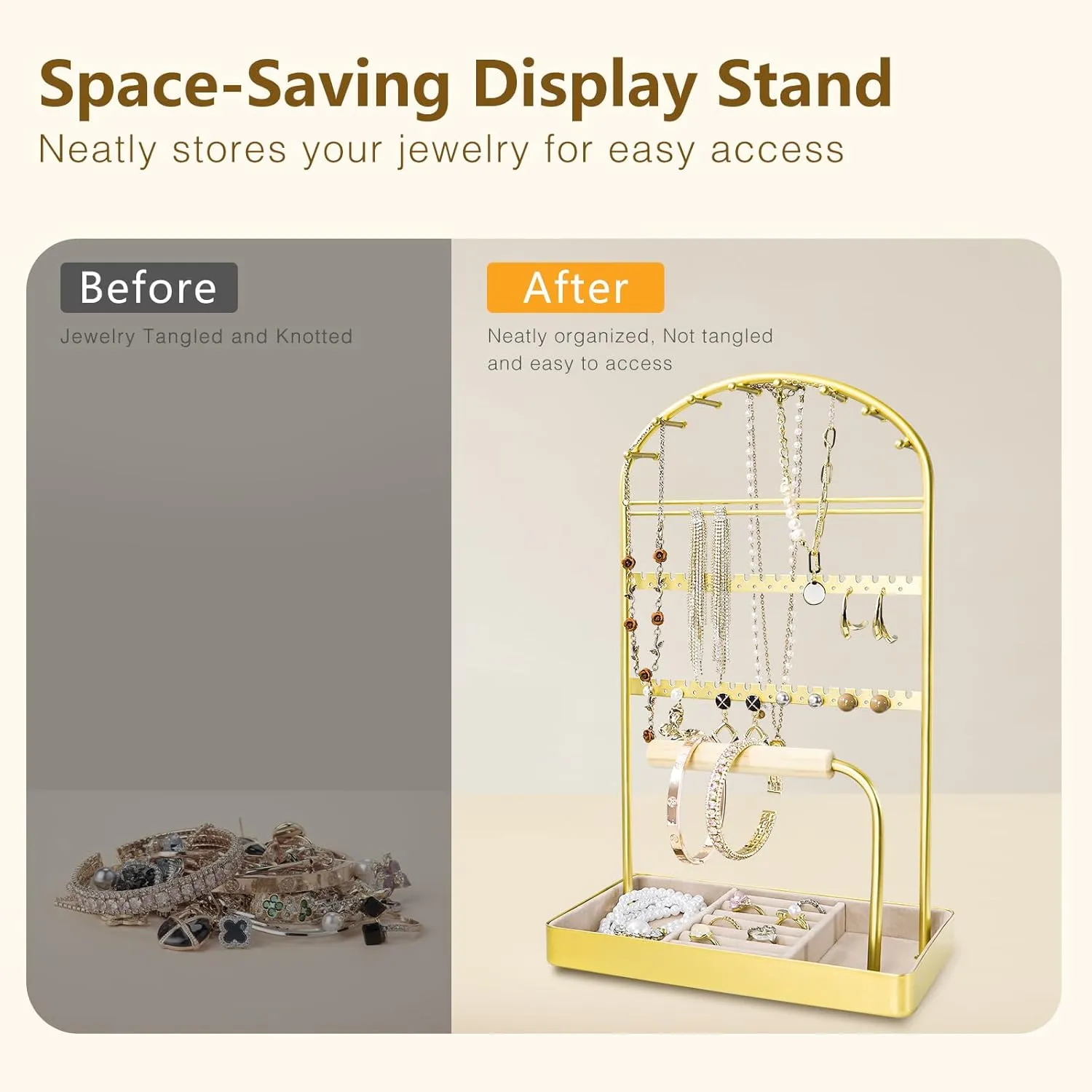 Multi-Functional Jewelry Holder Organizer Necklace Display Stand Velvet Lined Bar for Rings 2 Tier with 18 Hooks, 32 Earring Holes - Sturdy and Durable, Easy Organization Gold