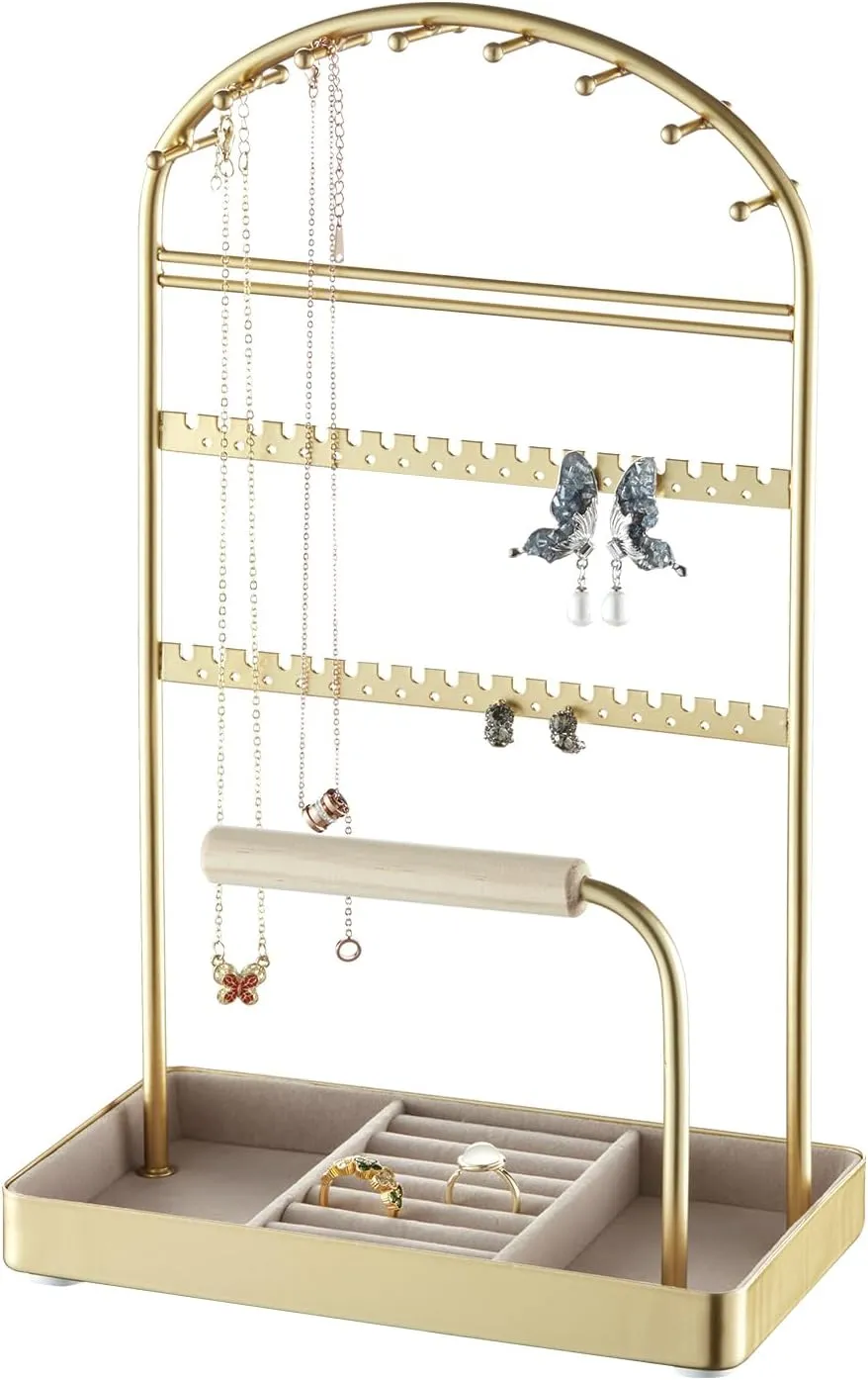Multi-Functional Jewelry Holder Organizer Necklace Display Stand Velvet Lined Bar for Rings 2 Tier with 18 Hooks, 32 Earring Holes - Sturdy and Durable, Easy Organization Gold