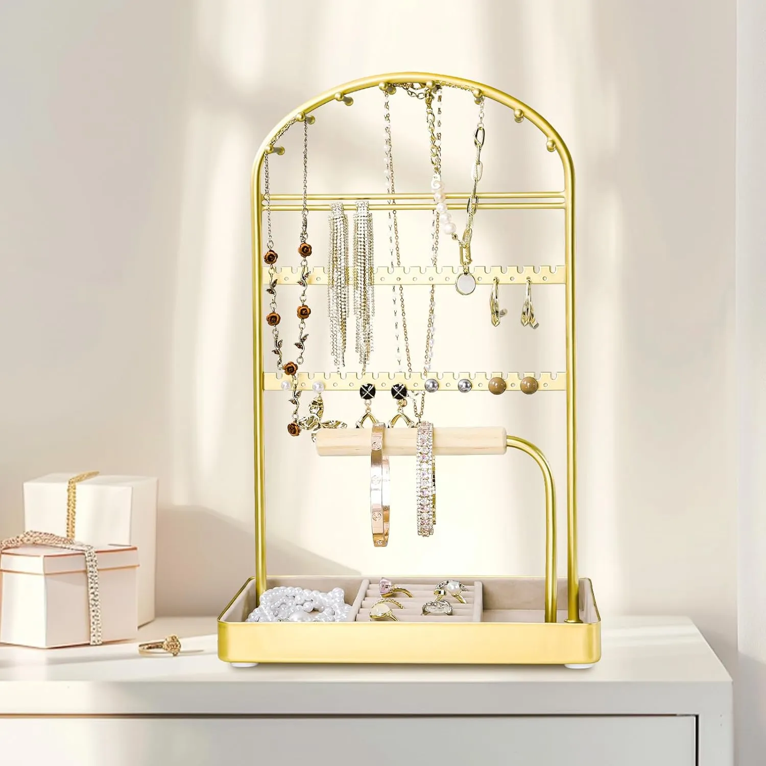 Multi-Functional Jewelry Holder Organizer Necklace Display Stand Velvet Lined Bar for Rings 2 Tier with 18 Hooks, 32 Earring Holes - Sturdy and Durable, Easy Organization Gold