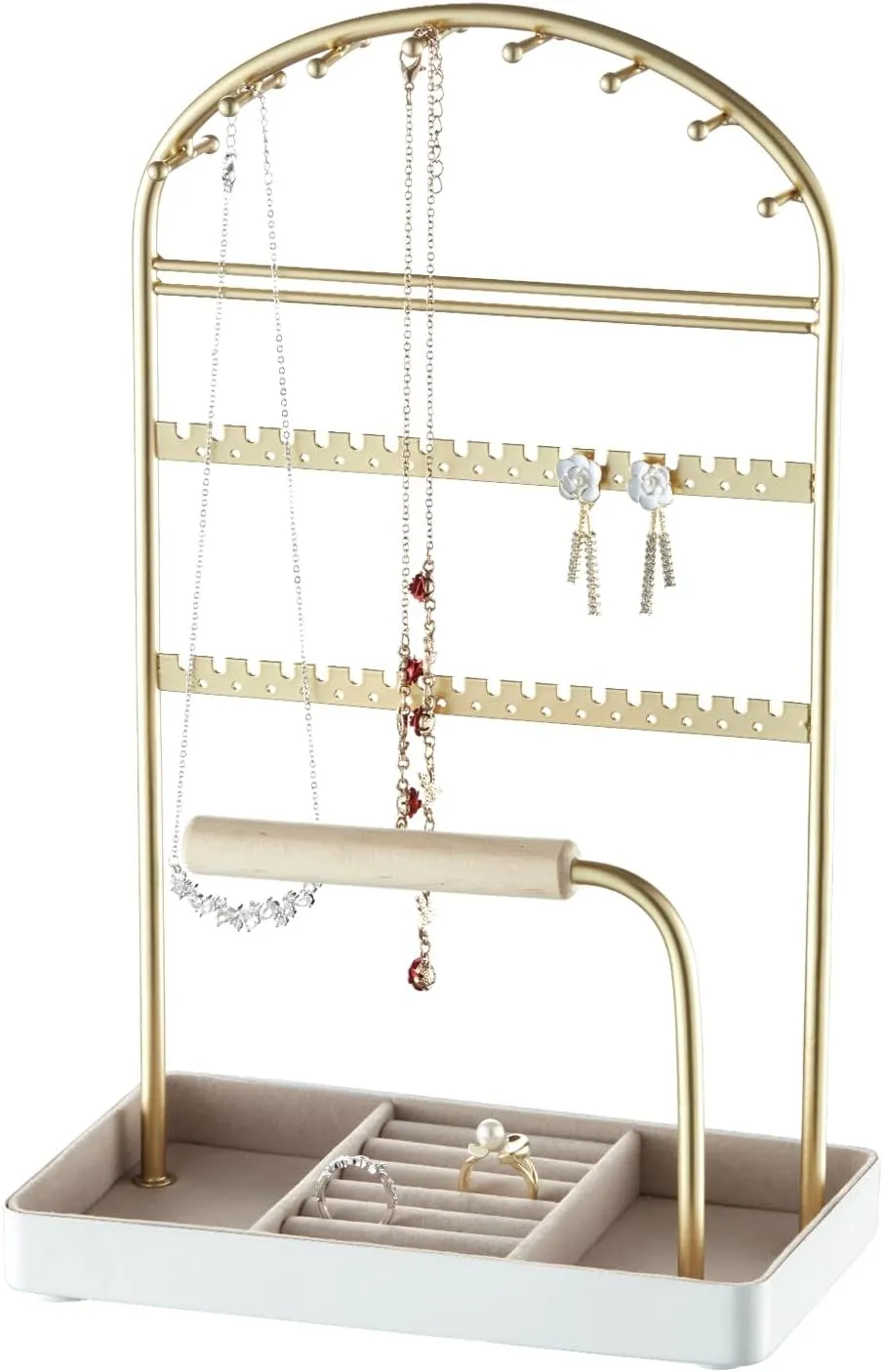 Multi-Functional Jewelry Holder Organizer Necklace Display Stand Velvet Lined Bar for Rings 2 Tier with 18 Hooks, 32 Earring Holes - Sturdy and Durable, Easy Organization White & Gold