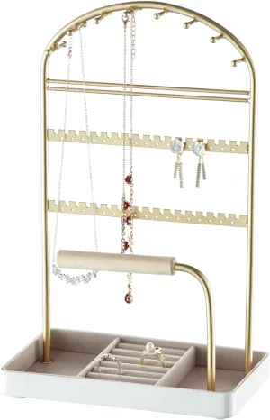 Multi-Functional Jewelry Holder Organizer Necklace Display Stand Velvet Lined Bar for Rings 2 Tier with 18 Hooks, 32 Earring Holes - Sturdy and Durable, Easy Organization White & Gold