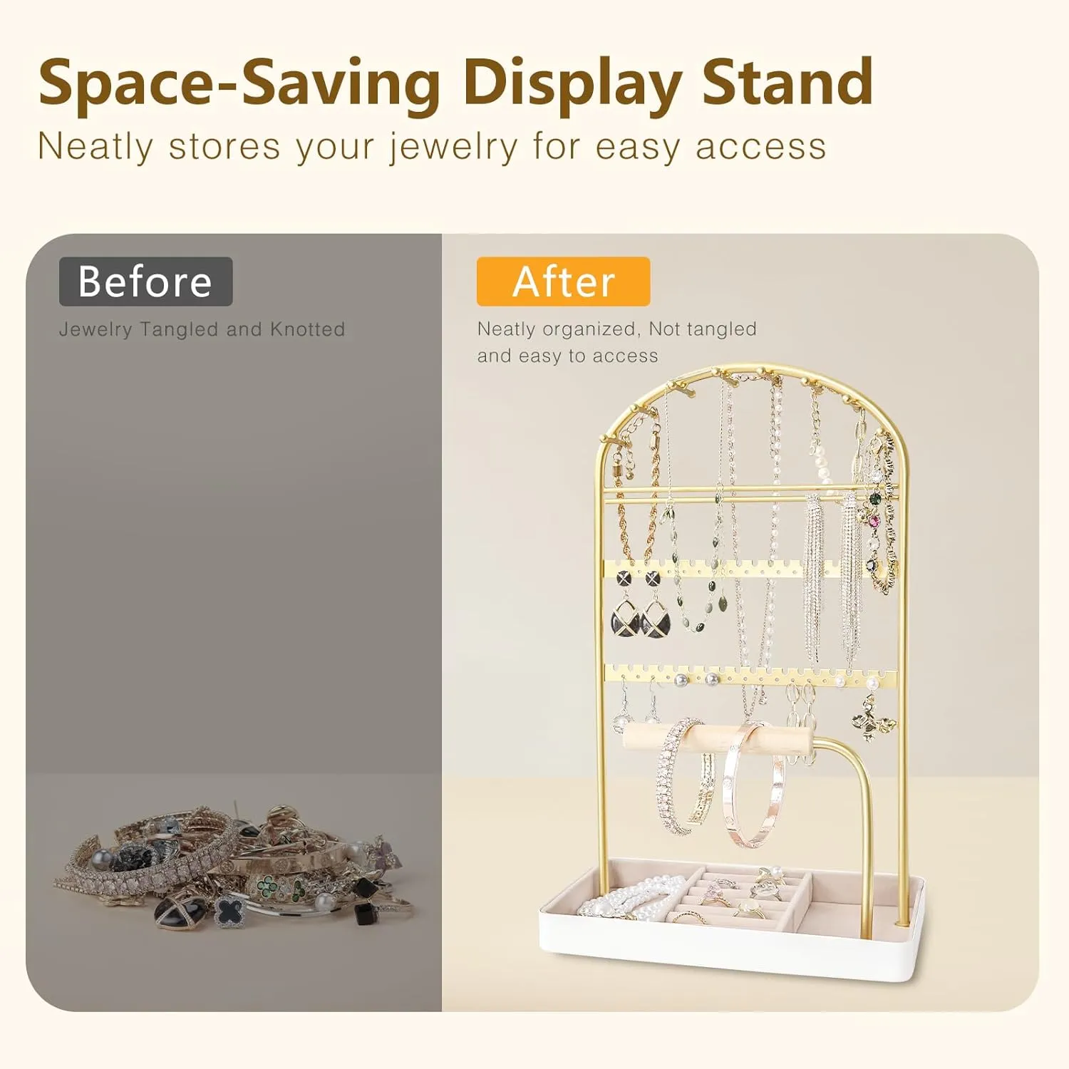 Multi-Functional Jewelry Holder Organizer Necklace Display Stand Velvet Lined Bar for Rings 2 Tier with 18 Hooks, 32 Earring Holes - Sturdy and Durable, Easy Organization White & Gold