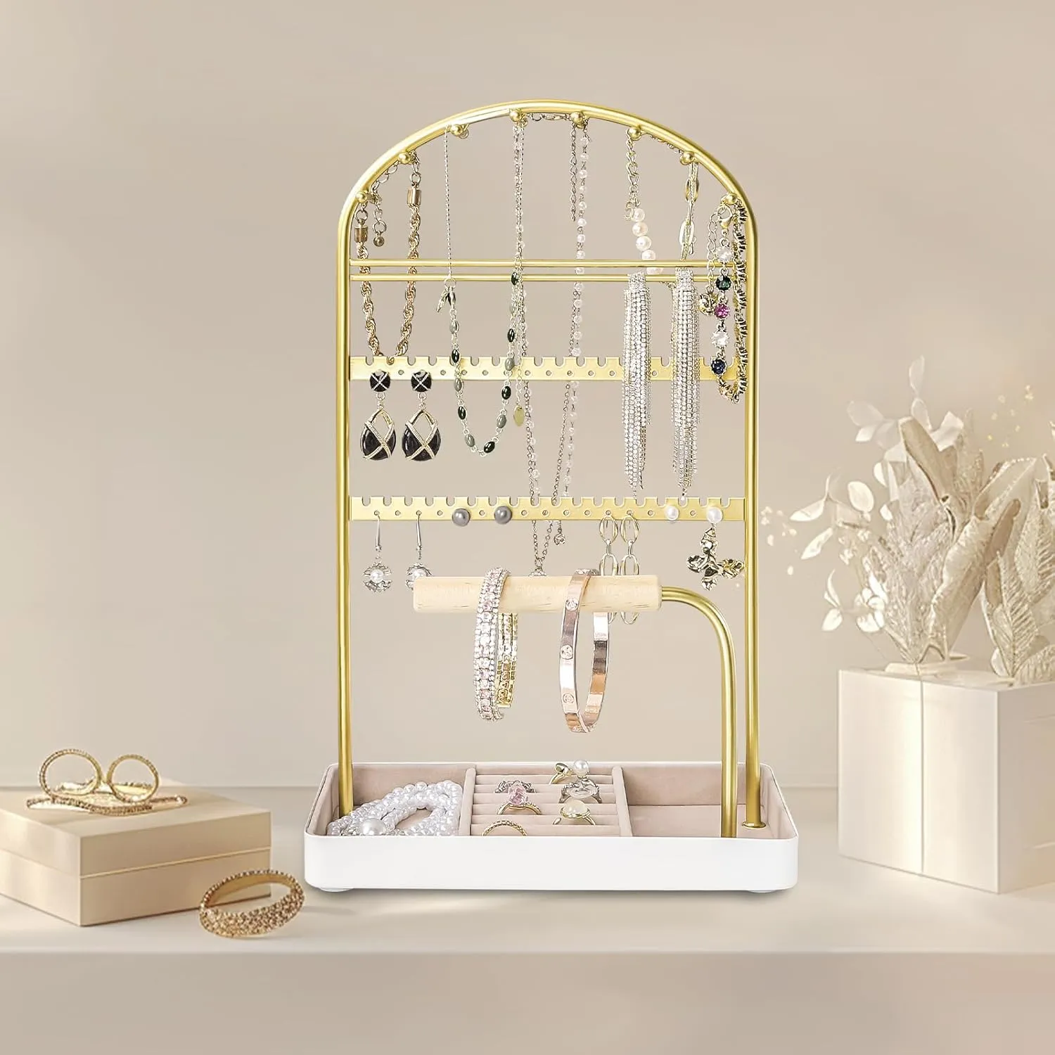 Multi-Functional Jewelry Holder Organizer Necklace Display Stand Velvet Lined Bar for Rings 2 Tier with 18 Hooks, 32 Earring Holes - Sturdy and Durable, Easy Organization White & Gold