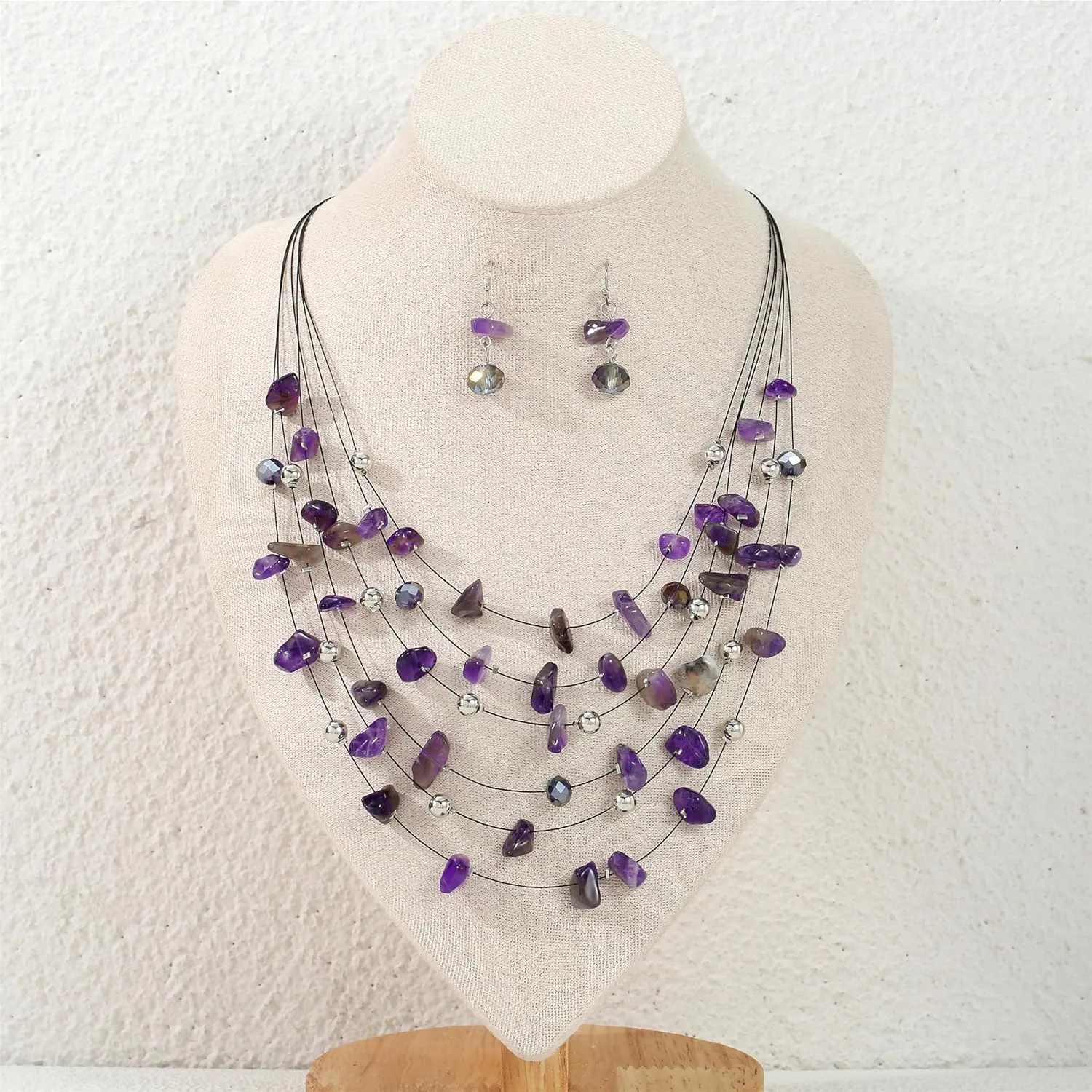 Multi Layered Natural Chips Beads illusion Jewelry Set Colorful Crystal Beaded Necklace and Earrings Costume Statement Jewelry for Holiday Party and Gifts