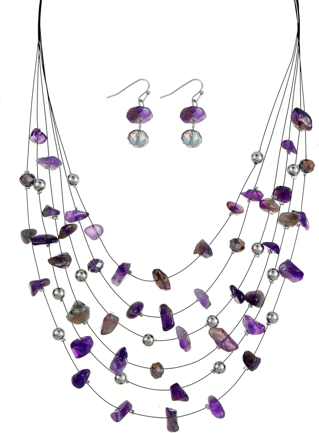 Multi Layered Natural Chips Beads illusion Jewelry Set Colorful Crystal Beaded Necklace and Earrings Costume Statement Jewelry for Holiday Party and Gifts
