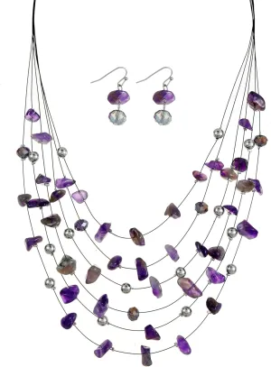 Multi Layered Natural Chips Beads illusion Jewelry Set Colorful Crystal Beaded Necklace and Earrings Costume Statement Jewelry for Holiday Party and Gifts