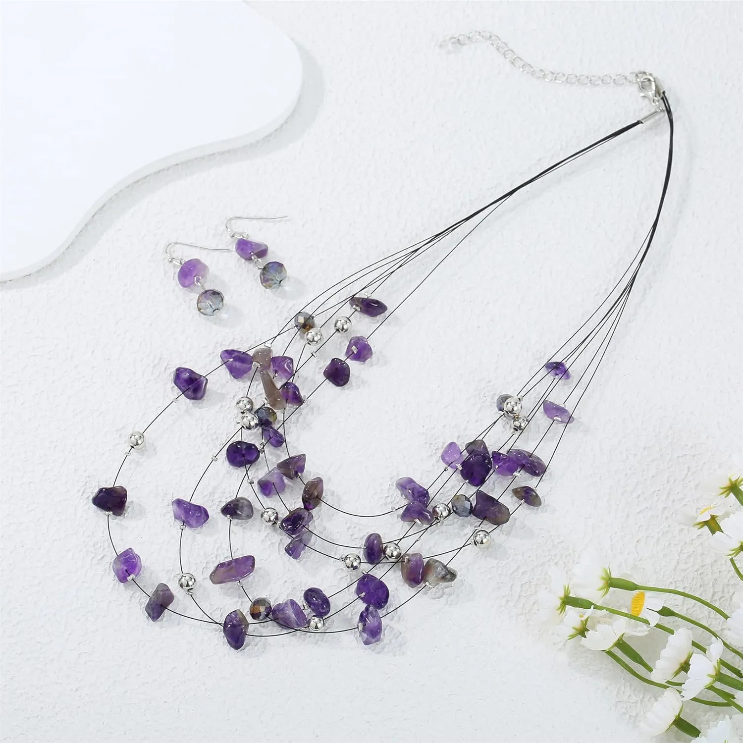 Multi Layered Natural Chips Beads illusion Jewelry Set Colorful Crystal Beaded Necklace and Earrings Costume Statement Jewelry for Holiday Party and Gifts