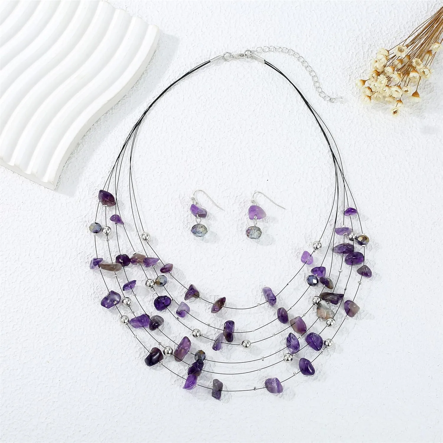 Multi Layered Natural Chips Beads illusion Jewelry Set Colorful Crystal Beaded Necklace and Earrings Costume Statement Jewelry for Holiday Party and Gifts