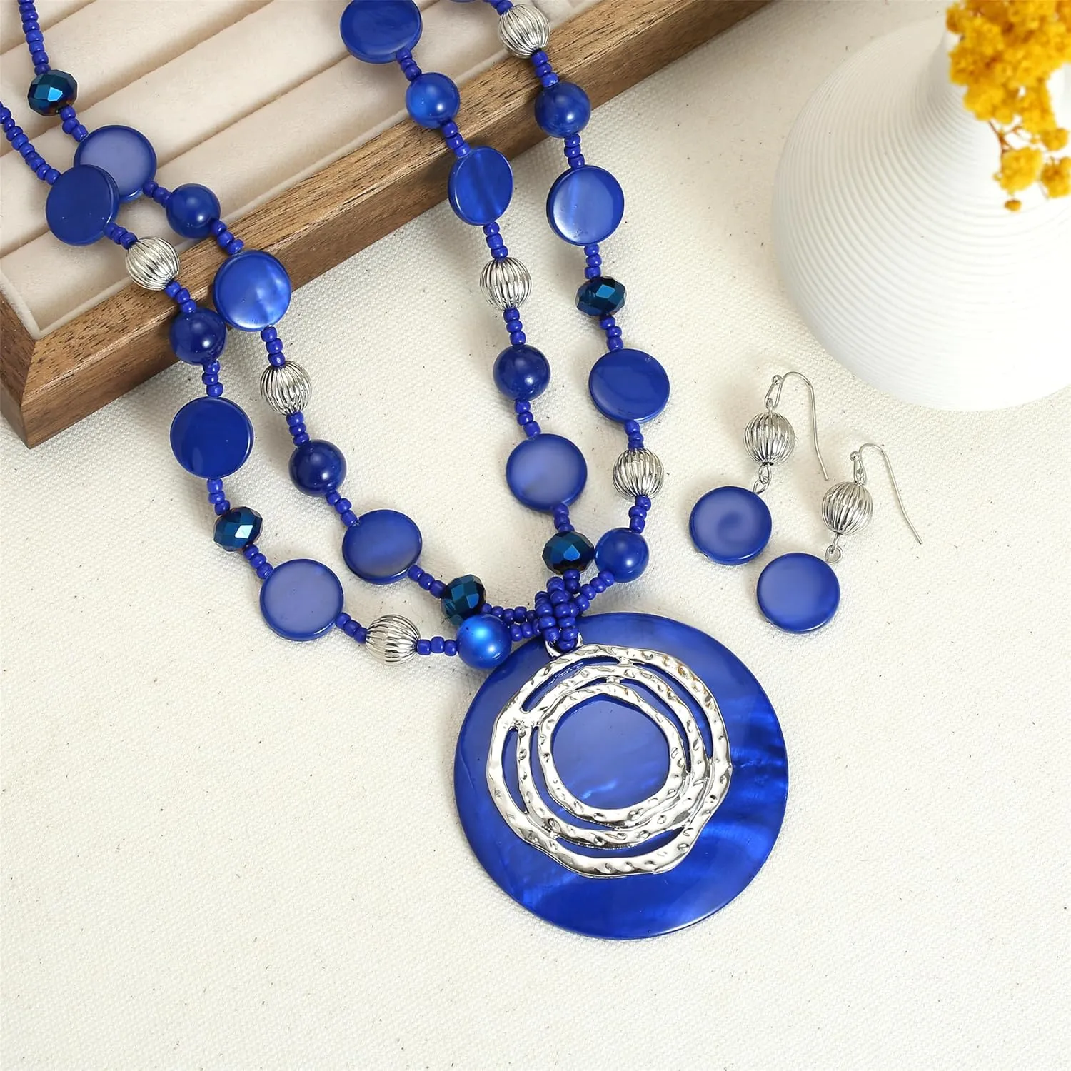 Multilayered Strand Statement Necklaces Set for Women Big Circle Shell Pendant Necklace with Colorful Beaded Chunky Choker Necklace and Earrings.