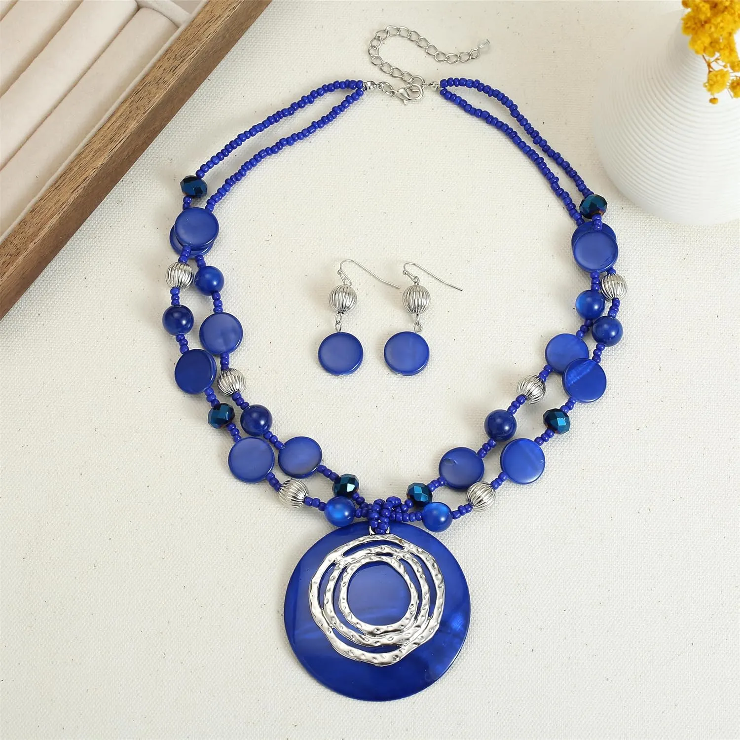 Multilayered Strand Statement Necklaces Set for Women Big Circle Shell Pendant Necklace with Colorful Beaded Chunky Choker Necklace and Earrings.