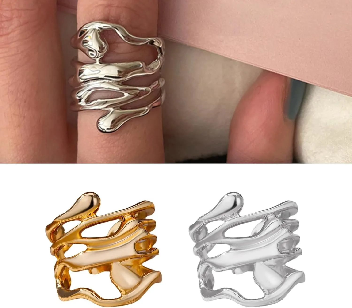 Multipurpose Sturdy Metal Materials Gold Hollow Rings Fashionable Wide Bands Jewelry Gifts for Couples Casual Wear