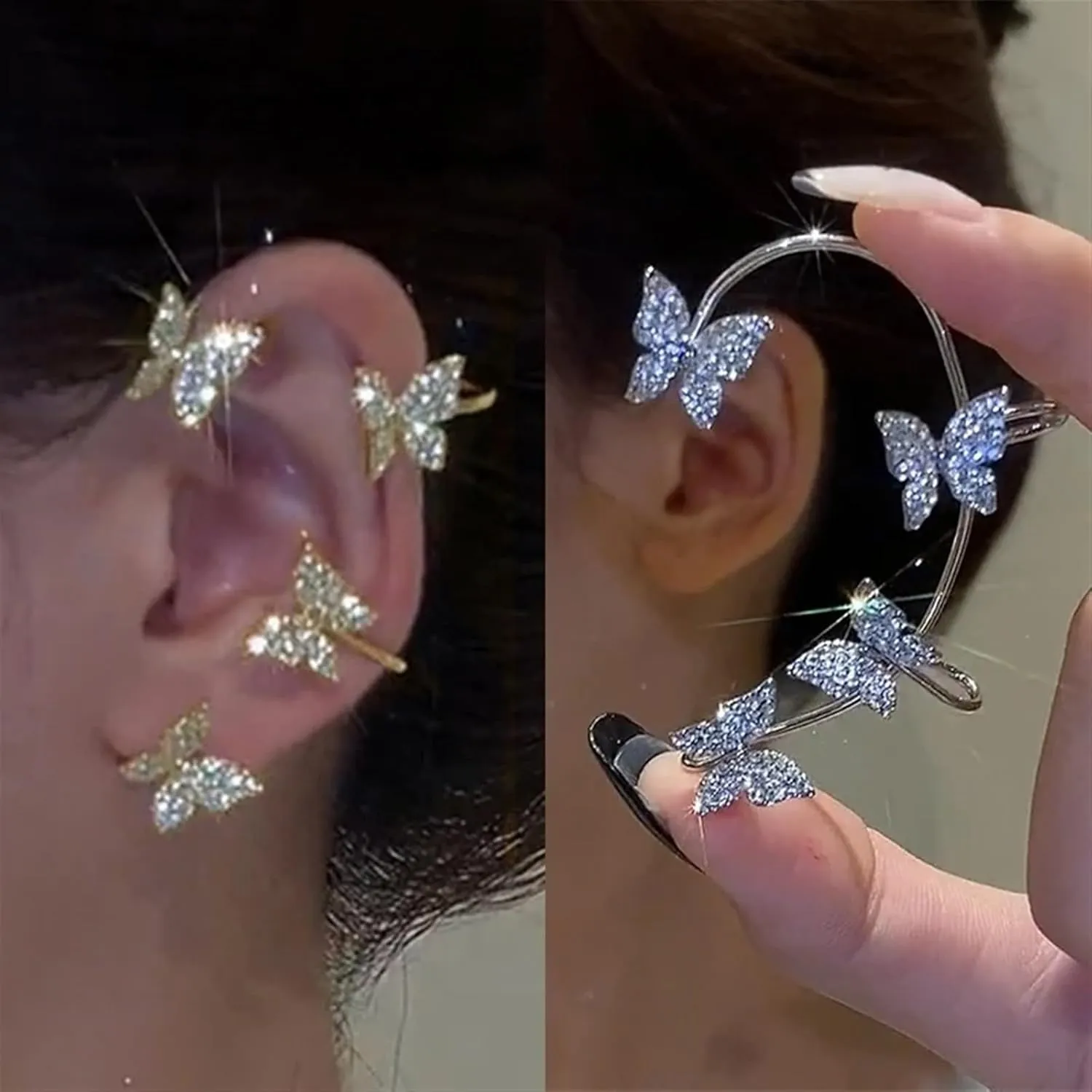 NALsa Trendy Silver Metal Ear Clips Without Piercings for Women Shine Zircon Ear Cuff Clip Earrings Wedding Jewelry 1Pair (Color : Gold-Right)
