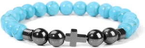 Natural Stone Bracelet Men Beads Bracelet Handmade Cross Pendant Bracelets Women Prayer Fitness Jewelry for 8mm (Metal Color: Blue Howlite - Length: 17CM)