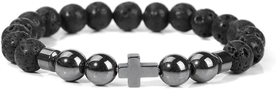 Natural Stone Bracelet Men Beads Bracelet Handmade Cross Pendant Bracelets Women Prayer Fitness Jewelry for 8mm (Metal Color: Lava Stone - Length: 17CM)