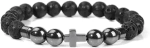 Natural Stone Bracelet Men Beads Bracelet Handmade Cross Pendant Bracelets Women Prayer Fitness Jewelry for 8mm (Metal Color: Lava Stone - Length: 17CM)