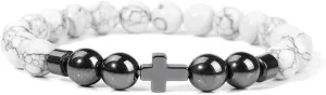 Natural Stone Bracelet Men Beads Bracelet Handmade Cross Pendant Bracelets Women Prayer Fitness Jewelry for 8mm (Metal Color: White Howlite - Length: 17CM)