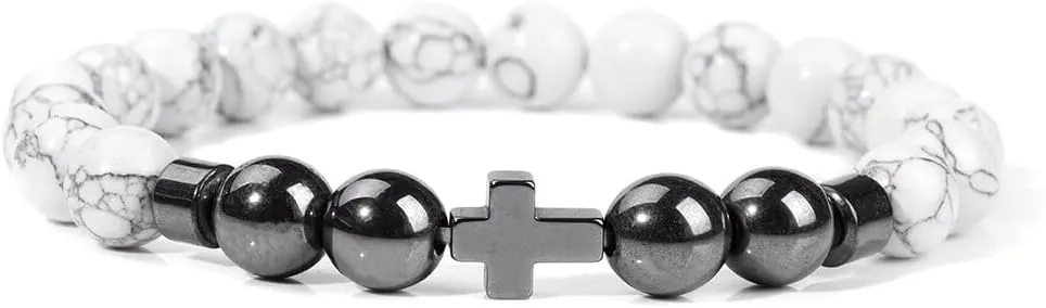 Natural Stone Bracelet Men Beads Bracelet Handmade Cross Pendant Bracelets Women Prayer Fitness Jewelry for 8mm (Metal Color: White Howlite - Length: 17CM)