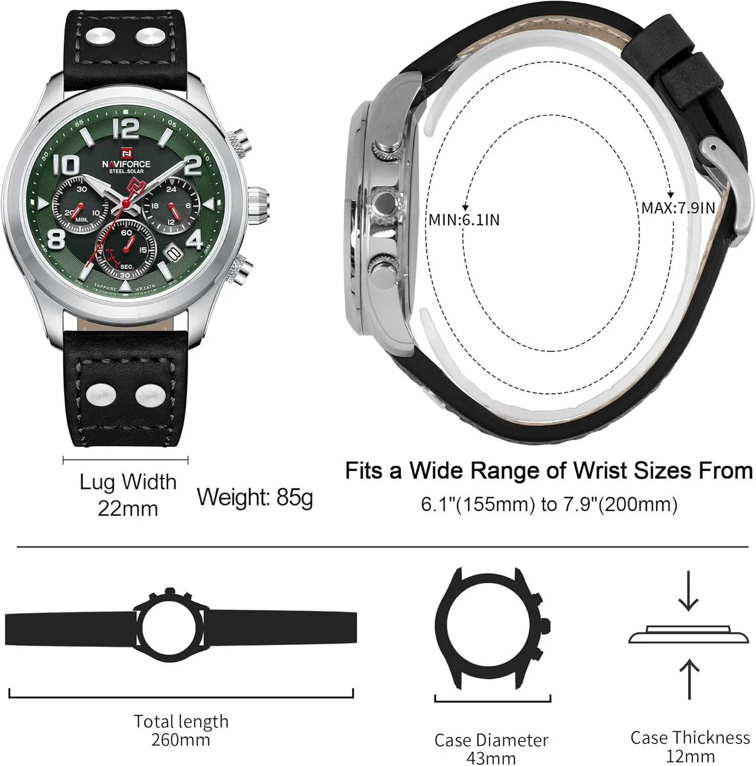 NAVIFORCE Mens Solar Powered Sports Chronograph Watch Military Tactical 12/24 Hour Time Luminous Hands Leather Strap Wristwatch 5ATM Waterproof
