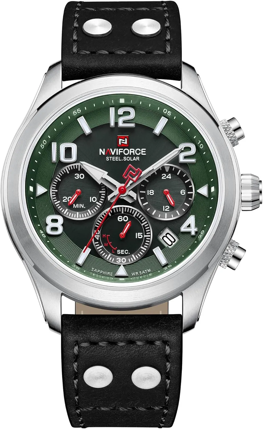 NAVIFORCE Mens Solar Powered Sports Chronograph Watch Military Tactical 12/24 Hour Time Luminous Hands Leather Strap Wristwatch 5ATM Waterproof