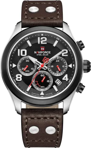 NAVIFORCE Mens Solar Powered Sports Chronograph Watch Military Tactical 12/24 Hour Time Luminous Hands Leather Strap Wristwatch 5ATM Waterproof